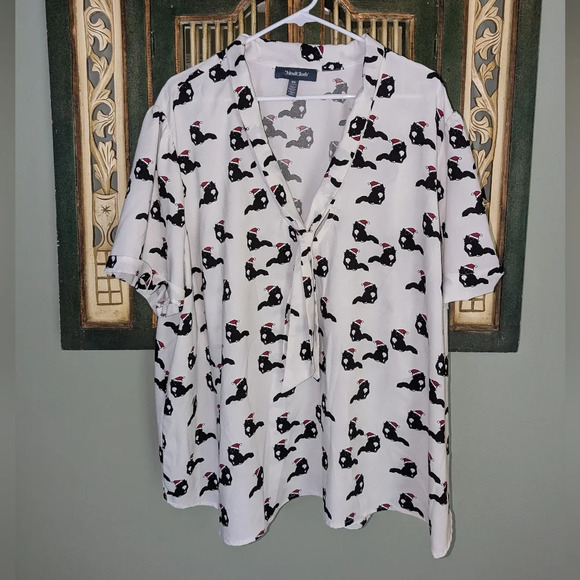 Modcloth Polished and Playful Tie-Neck Blouse in Ivory Cat size 4X - Picture 1 of 6